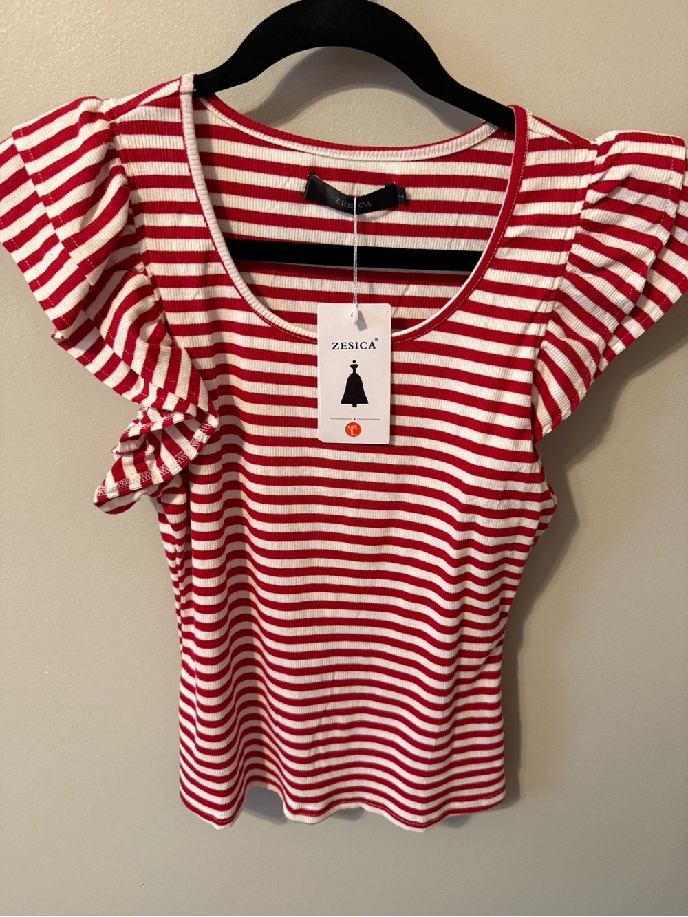 Zesica Red & White Striped Ruffle Sleeve Tee